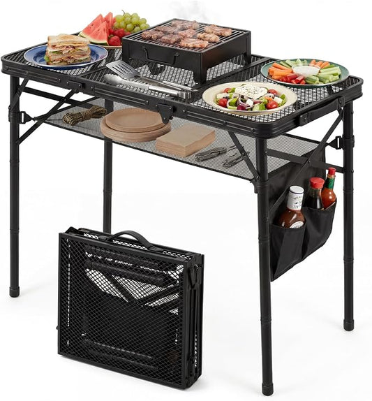 Folding Grill Table, 34"x16" Portable Camping Table with Storage Pocket, Heat Resistant & Waterproof Outdoor Picnic Table, Sturdy Lightweight for Travel Cooking BBQ, Camping, Backyard