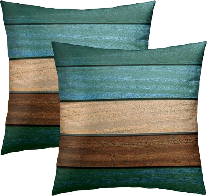 Teal Green Brown Pillow Covers 18x18 Inch Set of 2, Retro Rustic Barn Wood Decorative Throw Pillow Case Soft Cotton Square Cushion Cover Outdoor Sofa Patio Home Decor