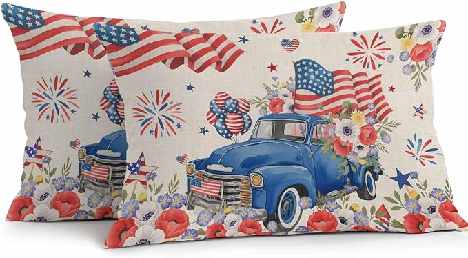 Independence Day Outdoor Throw Pillow Cover Farm Truck USA Flag Poppy Waterproof Cushion Covers 2 Pack Retro Patriotic Fireworks Pillow Cases Home Decoration for Patio Garden Couch Sofa 20x12In