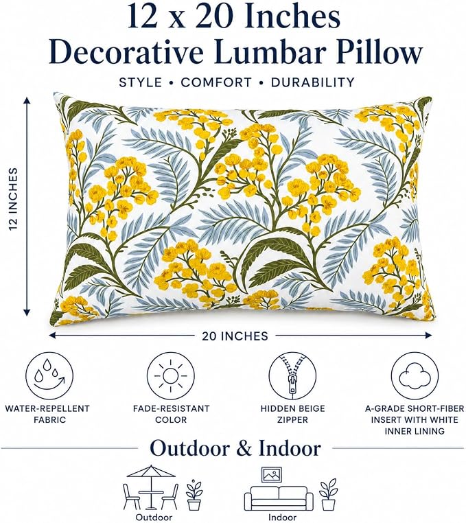 Outdoor Lumbar Pillows 12"x20" Waterproof Patio Pillows with Inserts | Set of 2 Fade Resistant Outdoor Waterproof Lumbar Pillow Decorative Garden Lumbar Cushions for Home Patio Terrace Sofa