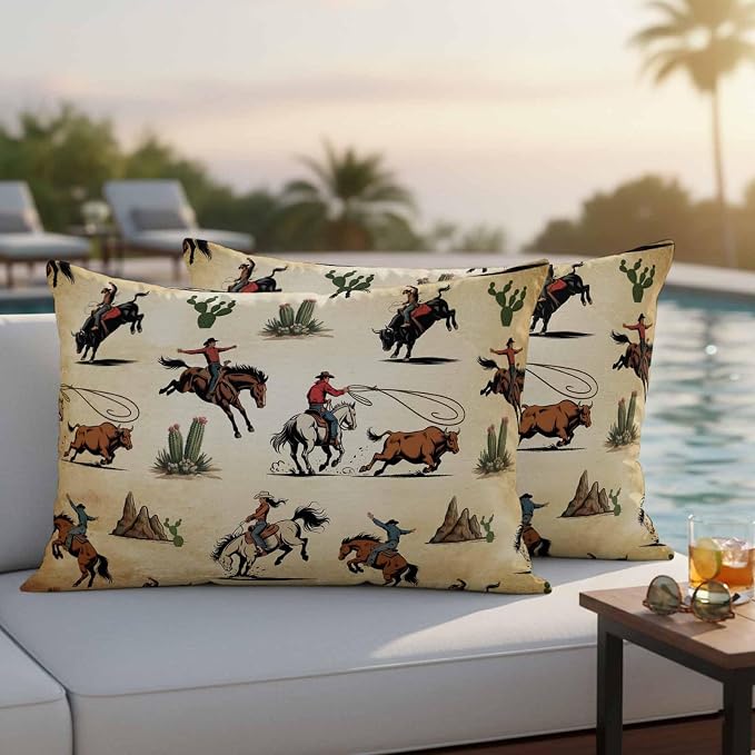 Western Cowboys Outdoor Pillow Covers Waterproof, All Weather Cushion Case Set of 2, Brown Vintage Country Cactus Lumbar Pillowcase for Sofa Couch Bed Decor Patio Furniture 20"x12"