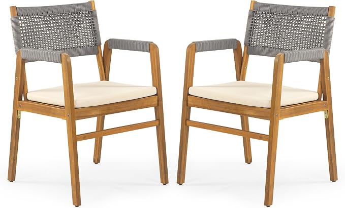 Christopher Knight Home Sky Acacia Wood Dining Table Set for 6, 7 Piece Patio Extendable Dining Table and Dining Chairs Set of 6 with Cushions & Rope Accents, Patio Furniture Set, Teak+Beige+Grey