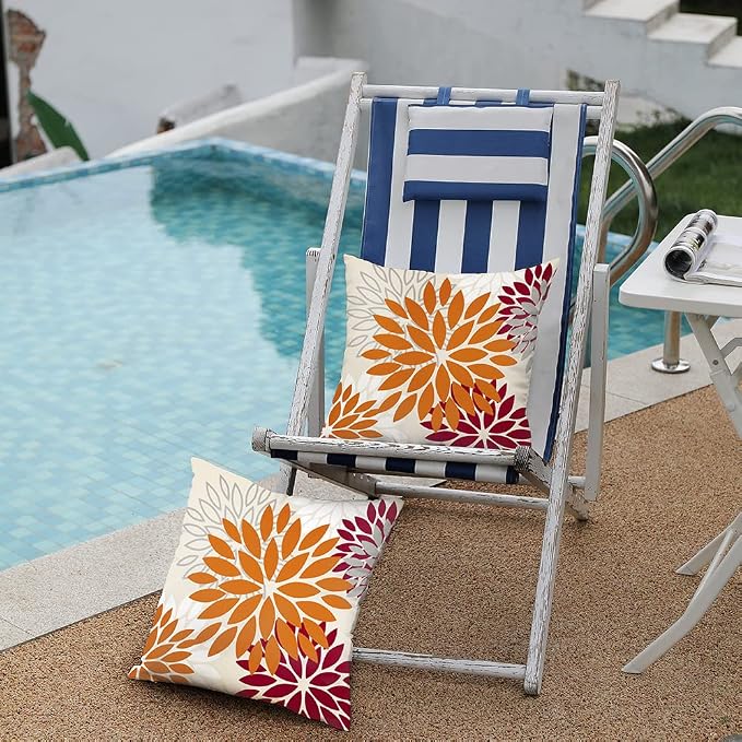 DFXSZ Outdoor Waterproof Pillow Covers 18x18 Set of 2 Orange WineRed Flower | Spring Summer Waterproof Flower Throw Pillowcases（No Inserts）Outdoor Decor for Fall Patio Funiture Garden Polyester Covers