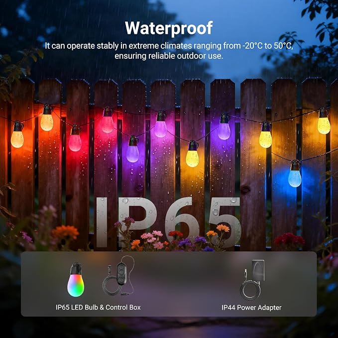 NEEWER 48ft Outdoor String Lights, App Control Smart AI RGB IC W Hanging Outside Patio Balcony Backyard Holiday Lighting, IP65 Waterproof, 15 LED Bulbs, 50+ Scenes, Compatible with Alexa Google, NR01