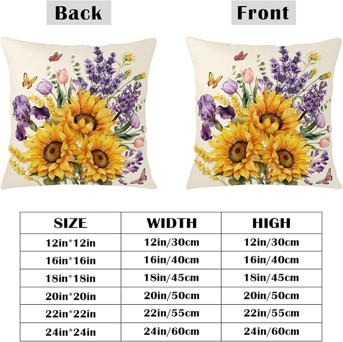 Sunflower Pillow Covers Floral Purple Lavender Butterfly Throw Pillow Covers Spring Summer Tulip Iris Flower Pillow Cases 22x22 for Home Farmhouse Couch Sofa Bed Decor 2 Pack