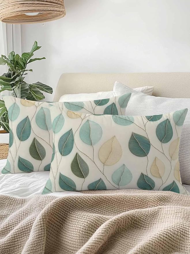 Outdoor Waterproof Throw Pillows Farmhouse Teal Green Leaf Patio Pillows,Decorative Pillow Covers with Insert,Pillow Cushion Case for Garden Couch Sofa Vintage Watercolor Leaves