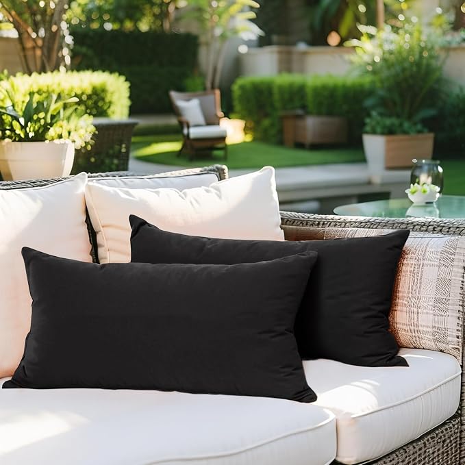SK Studio Outdoor Water Resistant Throw Pillows, Decorative Patio Lumbar Cushions, Fluffy Furniture Garden Cushions for Home Patio Coach Sofa Use, Pack of 2, Black, 24x24 Inch