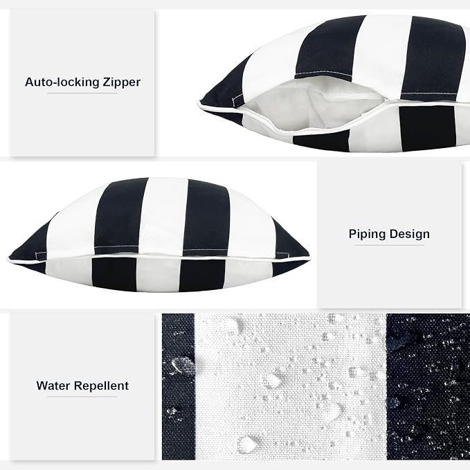Outdoor Throw Pillows Inners, Fade Resistant Patio Furniture Square Pillows with Piping Set of 2 for Patio Furniture, 18x18 Inch, Cabana Black