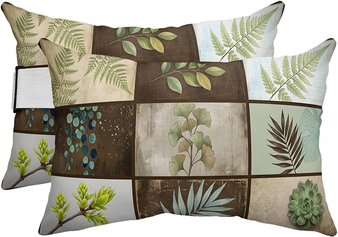 Outdoor Chair Pillow Headrest for Patio Pool Chaise Lounge, Vintage Leaves Recliner Head Pillow, Green Palm Plants Ginkgo Rustic Botanical Waterproof Pillowcases Lumbar Pillows & Insert 11x16x2pcs