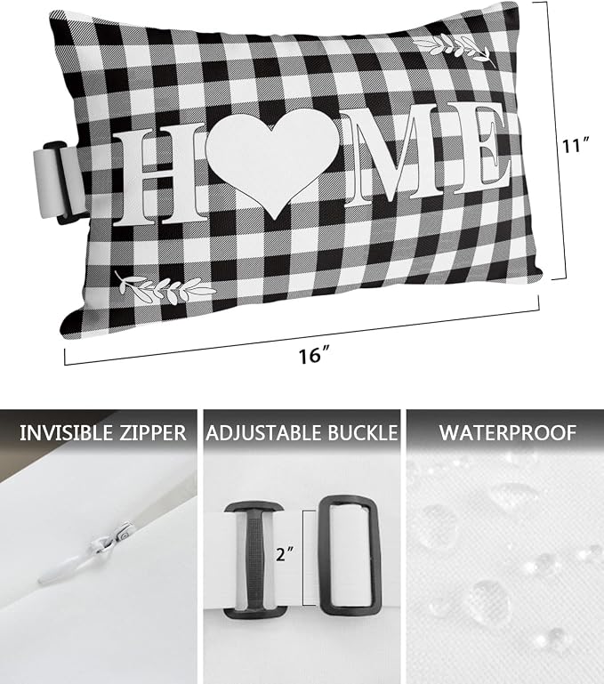 Indoor|Outdoor Waterproof Pillow Case Set of 2 - Windproof Pillow Covers with Adjustable Elastic Band Home Love Black White Checkered Plaids Pillowcase for Couch Cushion Patio Furniture 11"x16"