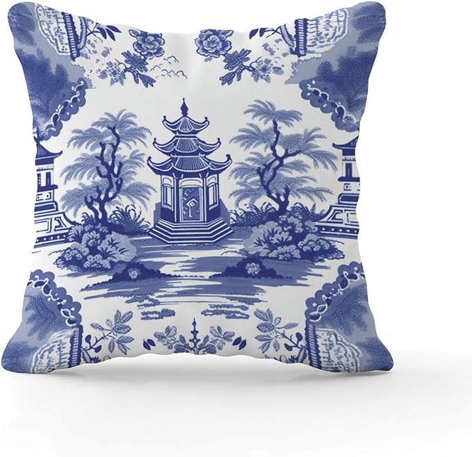 Pillowcase Chinoiserie Blue Asian Pagoda Pillows Rustic Chinoiserie Chic Asian Pillow Cover Accent Modern Decorative Pillow Covers for Patio Tent Couch 20x20 in
