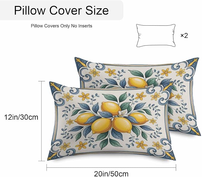 Lumbar Pillow Covers 20x12 Inch Set of 2, Yellow Blue Lemon Waterproof Outdoor Cushion Covers, Summer Botanical Watercolor Decorative Pillowcases for Couch, Sofa, Bed, Garden, Patio