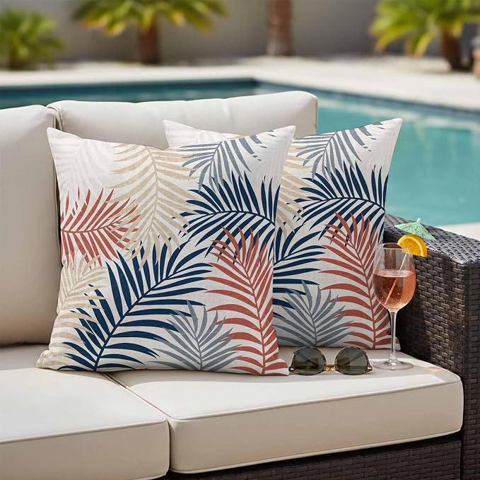 Outdoor Waterproof Throw Pillow Covers, Red Blue Yellow Palm Leaves Decorative Pillow Cases, Summer Botanical Tropical Leaf Couch Pillow Protector Patio Sofa Cushion Covers Replacement 24"x24" 2 Pack