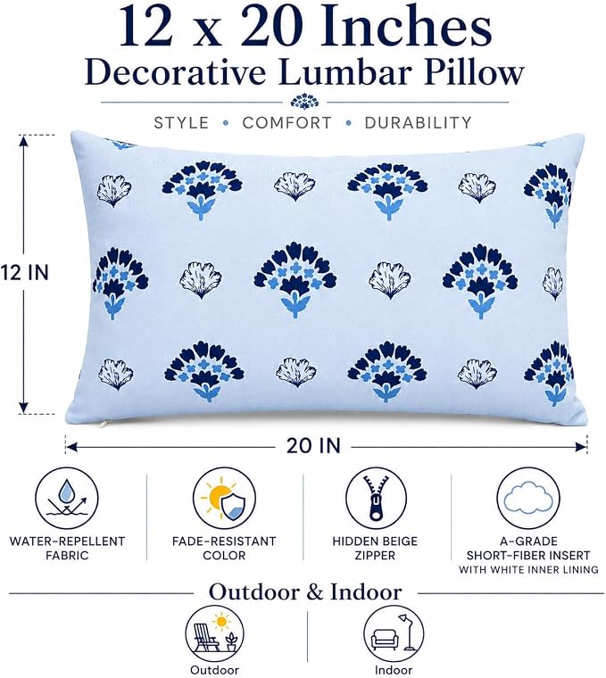 Pack of 2 Patio Lumbar Pillows 12"x20" | Fade Resistant Outdoor Waterproof Lumbar Pillow with Inners Decorative Garden Lumbar Cushions for Home Patio Terrace Sofa