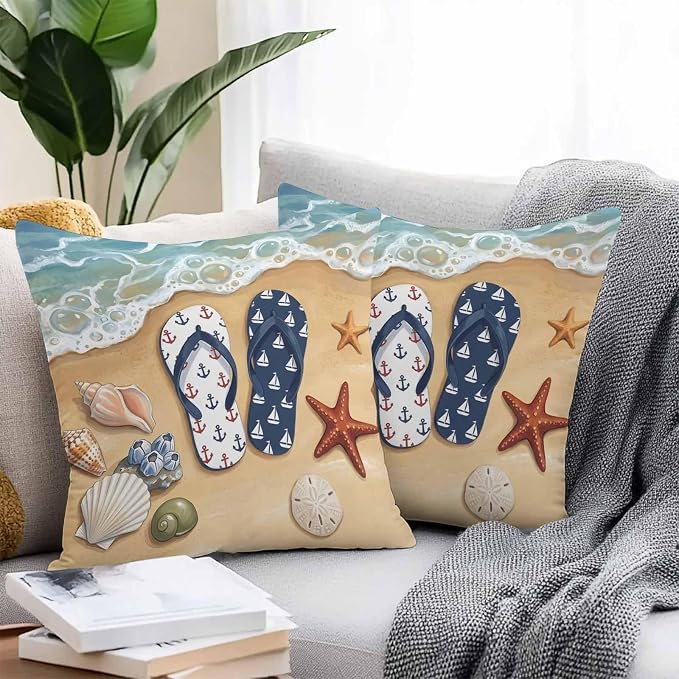 Blue Beige Seaside Outdoor Waterproof Throw Pillow Covers 24x24 Set of 2, Coastal Waves Starfish Summer Beach Nautical Decorative Pillowcases Cushion Pillowcase for Couch Sofa Patio Pillow Protector