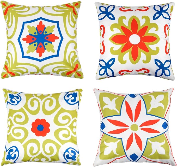 Pyonic Outdoor Pillows Waterproof Throw Pillow Covers Set of 4 Floral Printed and Boho Farmhouse Outdoor Pillow Covers for Patio Funiture Garden 18x18 Inch