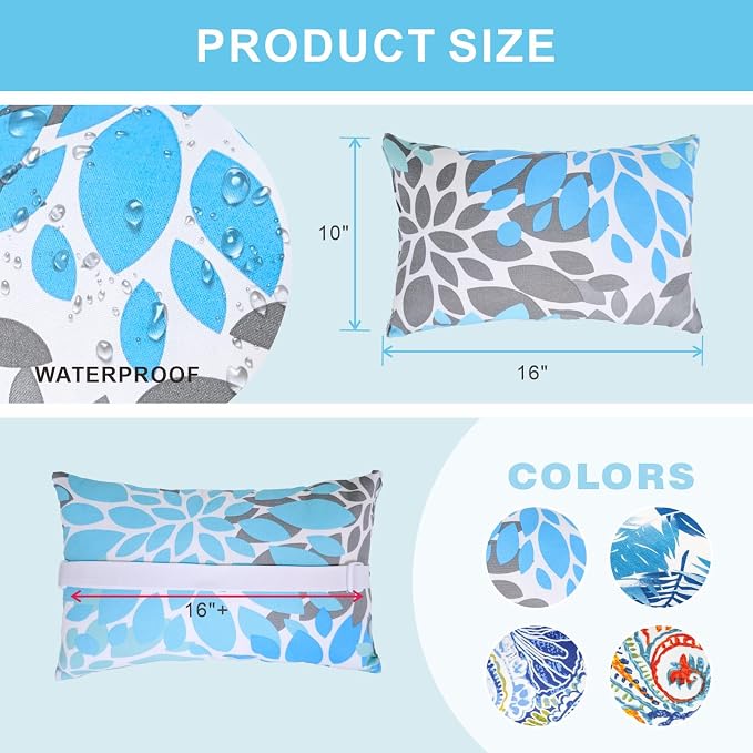 JMGBird Lounge Chair Pillow White Outdoor Pillows with Adjustable Straps | 10x16 Waterproof Outdoor Pillow covers with insert 4 Throw Pillows Headrest Cushions for Pool Patio Beach Chair
