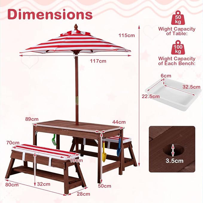 HONEY JOY Kids Picnic Table, 4 in 1 Fir Wood Toddler Sand & Water Table w/Removable Box & Umbrella, Waterproof Cover, Garden Tools, Children Outdoor Table and Bench Set with Cushions (Red)