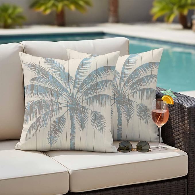 Summer Palm Trees Waterproof Outdoor Pillow Covers 26''x26'' Set of 2, Summer Wood Grain Patio Furniture Vintage Cushion Covers for Chairs, Decorative Blue Tropical Pillow Cases for Garden/Pool/Beach