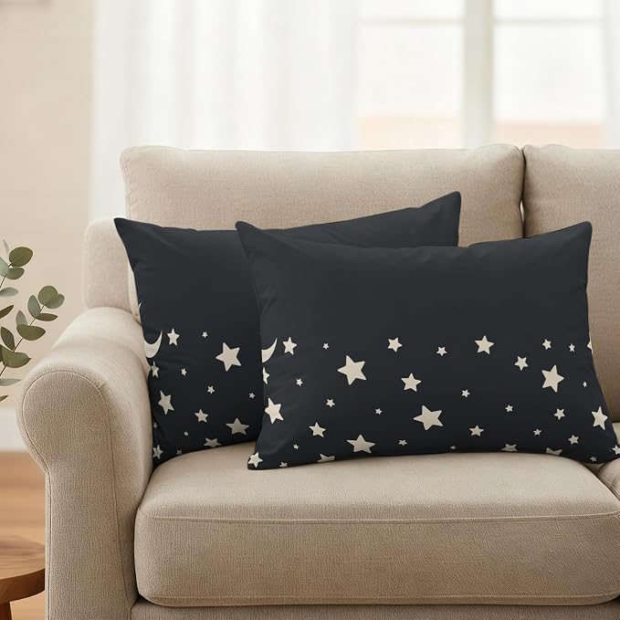 Stars Moon Waterproof Outdoor Pillow Covers Set of 2 Home Decor, Starry Night Black Lumbar Pillowcase Patio Pillow Covers for Couch Bench Patio Furniture Garden 20x12in