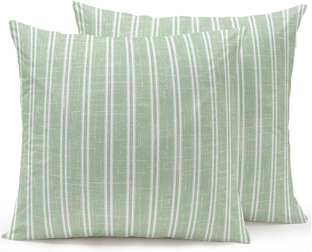 Waterproof Outdoor Pillow Set of 2 Green Linen Striped Decorative Throw Pillows Cover & Insert 18x18 Inch Pillowcase Vertical Stripes Lines Pillows for Couch Sofa Bed Patio Furniture Indoor Outdoor
