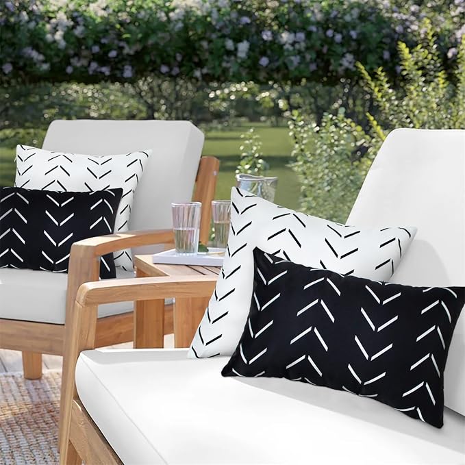 Adabana Geometric Waterproof Outdoor Pillow Covers 18x18 Black and White | Set of 2 Waterproof Design for Patio, Porch, Garden and Beach Decor