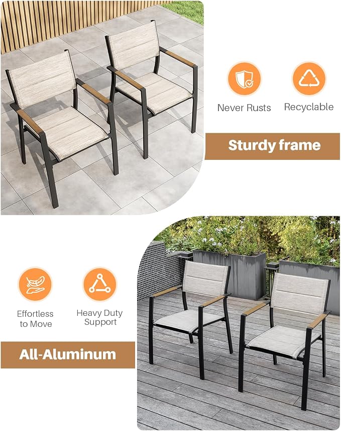 Patio Stacking Dining Chairs, Never-Rust Aluminum Stackable Patio Chairs Set of 2, Upgraded 3D Double-Layer Textilene Outdoor Dining Chairs, Patio Dining Chairs for Deck, Garden, Balcony, Teak