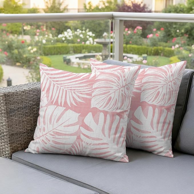 Pink Palm Leaves Outdoor Pillow Covers 26"x26" Set of 2, Tropical Botanical Modern Minimalist Waterproof Throw Pillow Covers for Patio Furniture, Decorative Cushion Covers for Porch