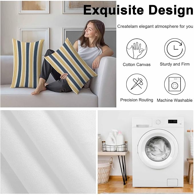 Vandarllin Outdoor Throw Pillows Covers 20x12 inch Set of 2 Waterproof Navy Blue Stripes Lines Decorative Zippered Cushion Covers for Patio Furniture, Yellow Classic Striped Lumbar Pillowcases