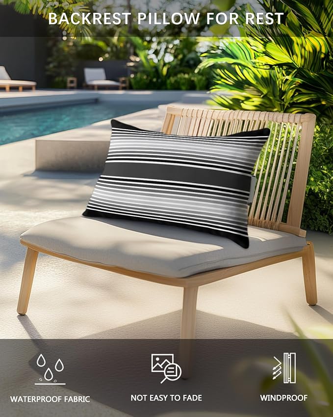 Pack of 2 Outdoor Lumbar Pillow Covers 11x16 Inch, Black Striped Waterproof Throw Pillow Covers Set, Black Ombre Farmhouse Stripes Indoor&Outdoor Decorative Cushion Cases for Patio Porch Car