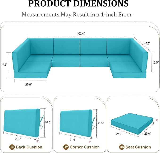 14pc Waterproof Outdoor Couch Cushions for 6 Seat Patio Lake Blue | Water-resistant, UV-resistant,14pc High-Density Foam Replacement Cushions for 6-Seat Outdoor Sectional Furniture