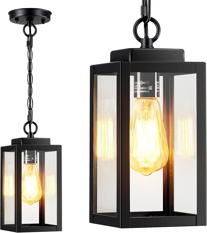 11'' Outdoor Pendant Lights for Porch, Outside Chandelier Hanging Lantern | 1 Pack Black Outdoor Ceiling Light with Clear Glass, Modern Exterior Pendant Lighting Fixture for Porch, Yard (No Sensor)