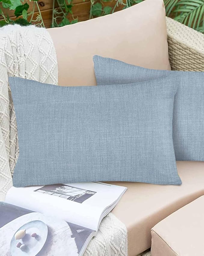 Vandarllin Outdoor Throw Pillows Covers 20x12 inch Set of 2 Waterproof Sky Blue Linen Decorative Zippered Cushion Covers for Patio Furniture, Farmhouse Pure Color Lumbar Pillowcases