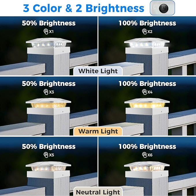 4x4 Solar Post Cap Lights Outdoor with 3 Modes, 16 Packs White Fence Light Solar Powered Waterproof, Wood/Vinyl Deck Post Lights for Yard Garden Patio Porch Outside