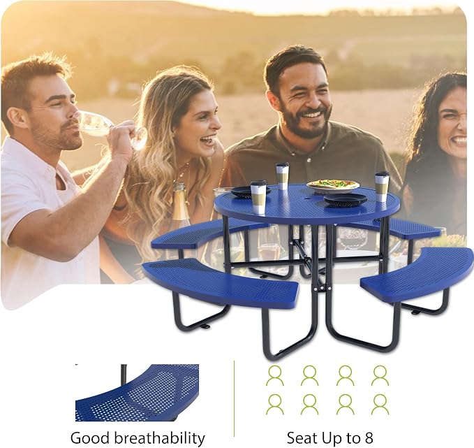 46 Inch Round Metal Picnic Table with 1.78" Umbrella Hole, All Weather Rust-Proof Metal Frame, Mesh Tabletop, Seats Up to 8 People, Easy Assembly for Patio, Backyard, Camping & BBQ, Blue