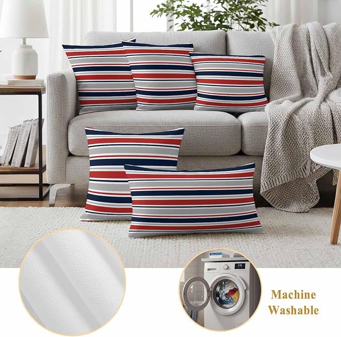 Outdoor Pillow Covers 26 x 26 Inches, Red Navy Blue Striped Waterproof Throw Pillow Cover Set of 2, Farmhouse Stripes Modern Abstract Art Decorative Square Cushion Covers for Patio/Couch/Garden