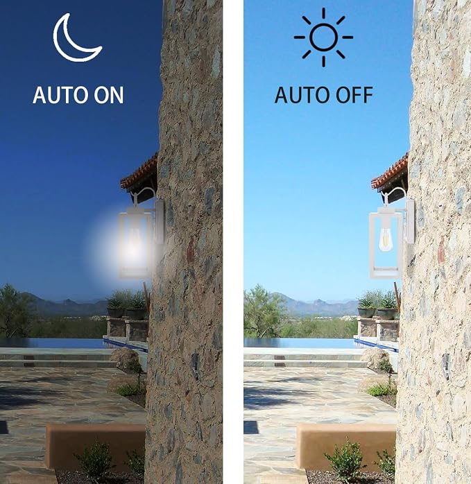 YN-WL009 Outdoor Wall Sconce with Dusk to Dawn Photocell Sensor, Traditional One Light Porch Light, Weather Resistant, Stainless Metal Housing, Clear Glass, White, 2-Pack