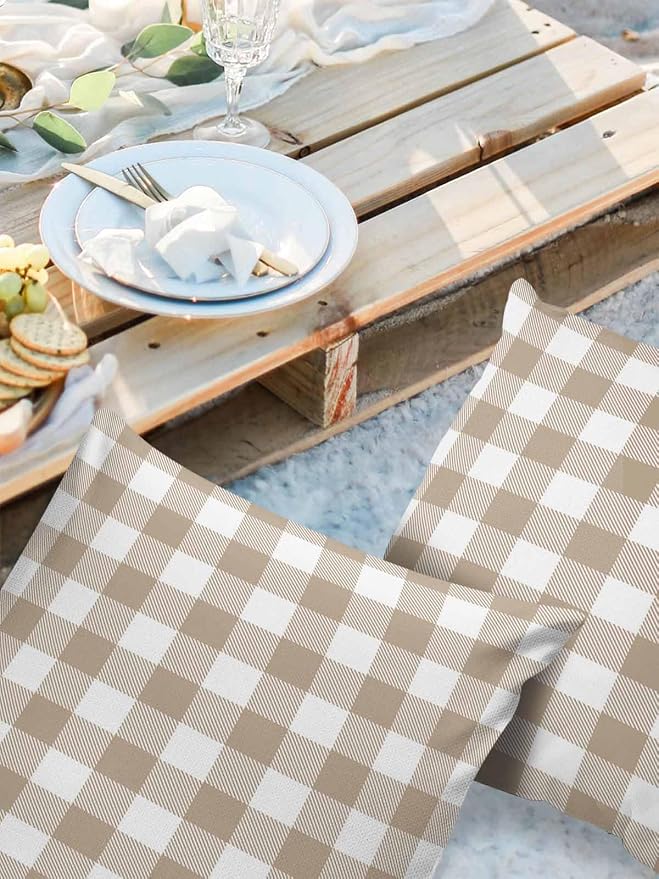 Outdoor Waterproof Throw Pillow Covers Set of 2 Khaki Buffalo Check Plaid Pillowcases 18x18 Inches Farmhouse Style Patio Decorative Pillows Cushion Case Patio Pillows for Couch Bed Chair Garden