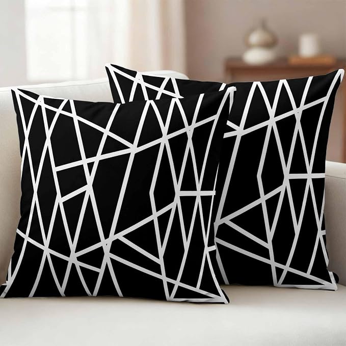 Outdoor Pillow Covers Waterproof, Black Geometric Decorative Square Throw Pillowcases Patio Cushion Covers for Tent/Garden, 24" x 24" 2 Pack, Abstract Stripes Modern Simple