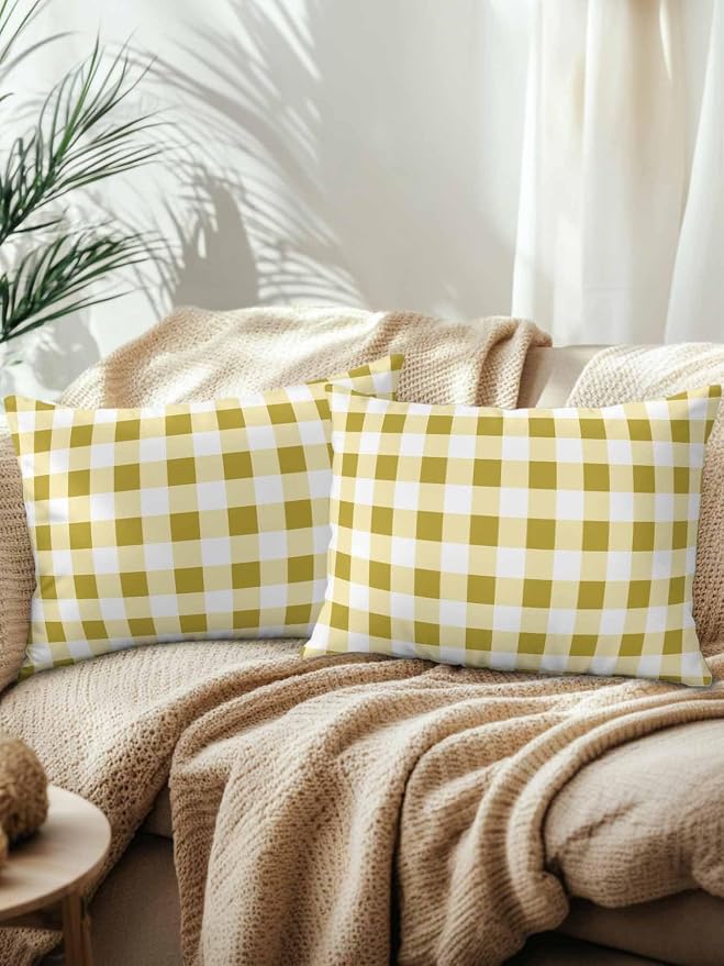 Waterproof Outdoor Pillow Set of 2 Buffalo Plaid Decorative Throw Pillows Cover & Insert 20x12 Inch Lumbar Pillowcase Yellow Check Lines Pillows for Couch Sofa Bed Patio Furniture Indoor Outdoor