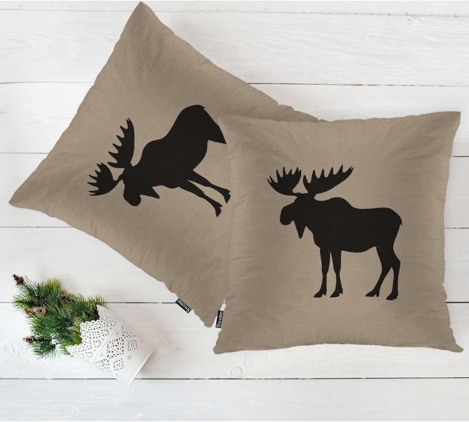 Swono Moose Decorative Throw Pillows Covers, Wild Animal Moose Elk Burlap Cabin Square Pillow Cushion Covers for Man Woman, Pillowcases Decor for Home Sofa Bed Garden, 2 Packs, 18x18 Inch, Brown