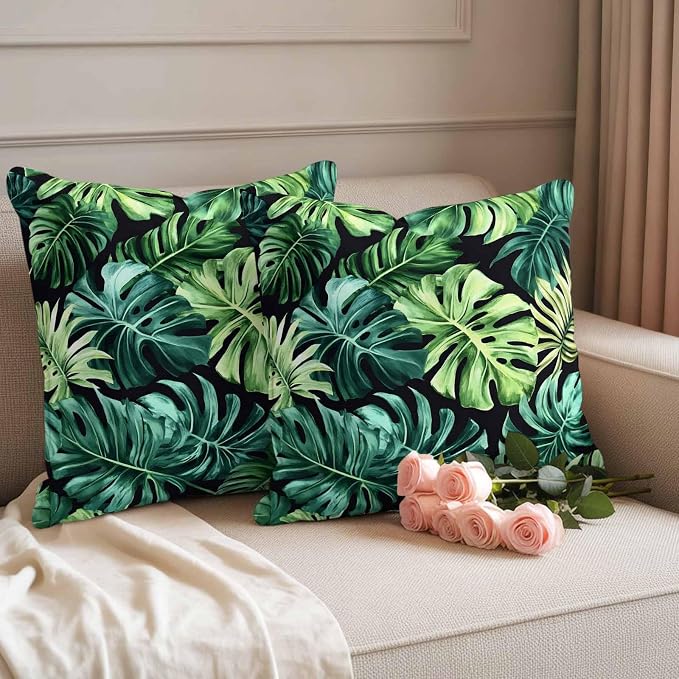 Palm Leaf Waterproof Outdoor Pillow Covers Set of 2 Home Decor, Green Tropical Plant Summer Nature Scenery Pillowcase Patio Pillow Covers for Couch Bench Furniture Garden 26x26in
