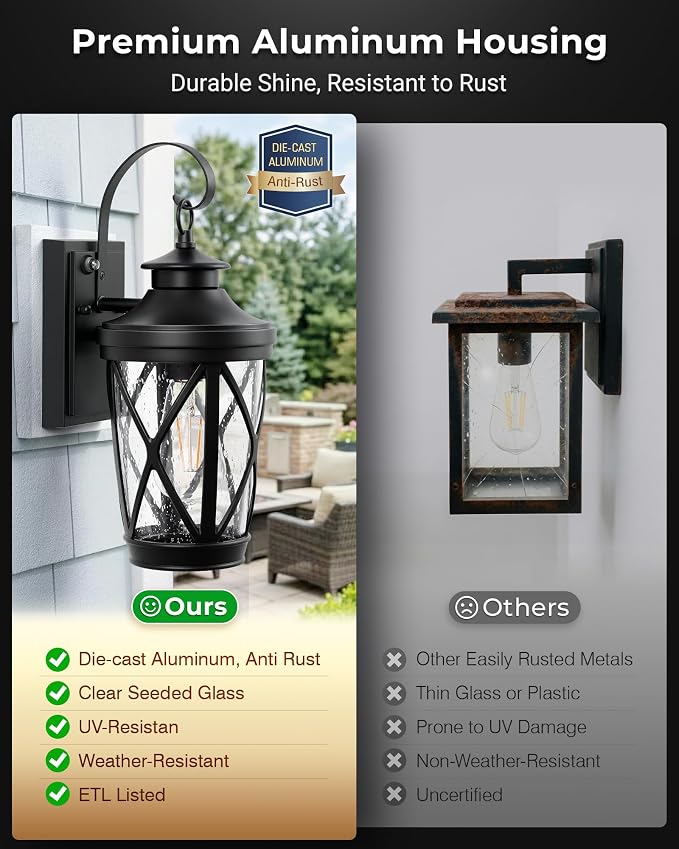 VIANIS Porch Lights Outdoor, Black Dusk to Dawn Outdoor Lighting Wall Mount, Modern Exterior Lighting Fixtures with Seeded Glass, Anti-Rust Waterproof Exterior Wall Lantern for Garage with E26 Socket