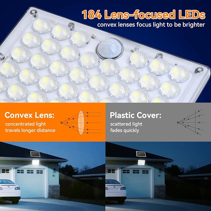 Solar Motion Lights Outdoor,3600LM Bright 184 LEDs Larger Solar Panel Security Lights 3600mAh Battery,3 Modes Flood Lights Outside 6500K IP65 Waterproof for Yard,Garage,Patio,16.4ft Cord,2Pack