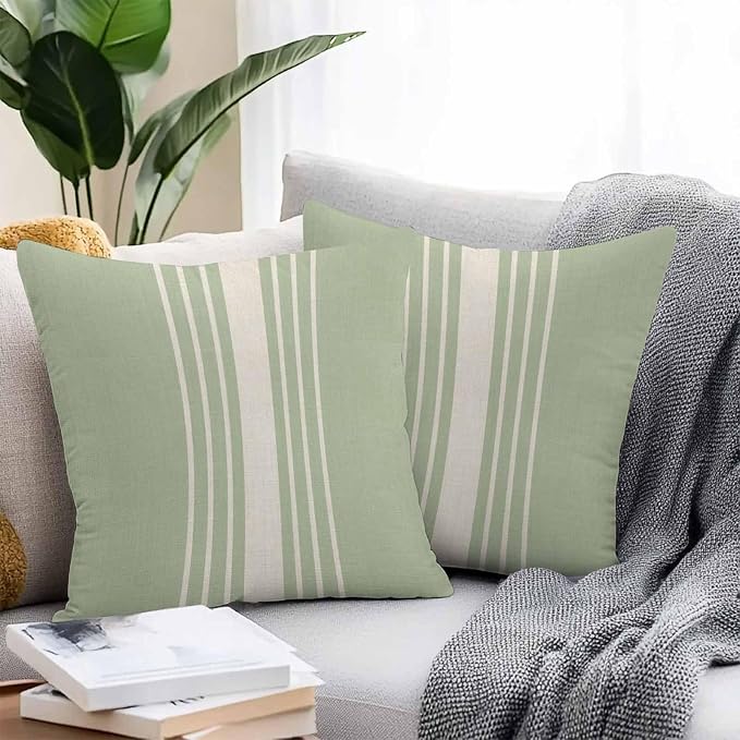 Throw Pillow Covers 18x18 Inch Set of 2, Sage Green Beige Striped Waterproof Outdoor Cushion Covers, Modern Farmhouse Retro Lines Decorative Pillowcases for Couch, Sofa, Bed, Garden, Patio