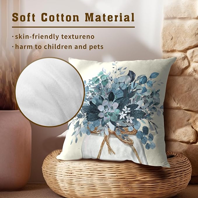 Eucalyptus Throw Pillow Covers 16x16 Set of 2, Winter Mason Jar Blue Leaves Branch Floral Decorative Pillow Cases Farmhouse Cotton Cushion Cover for Couch Sofa Bed Home Decor