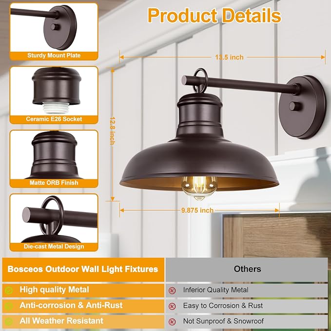 2-Pack Brown Wall Sconces, Farmhouse Exterior Barn Light Fixtures | Outdoor Wall Lights with E26 Socket, Anti-Rust Waterproof Exterior Wall Lantern for House Patio Porch Doorway Garage