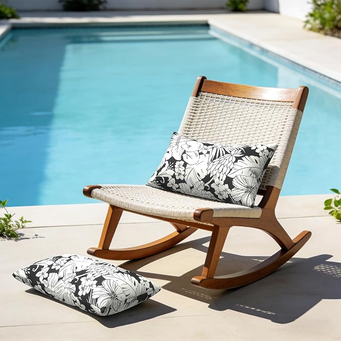 12x20 Inch Lumbae Pillow Covers, Rectangle Waterproof Throw Covers Set of 2, Decorative Patio Furniture Cushion Cases for Porch Garden, Tropical Blossom Noir