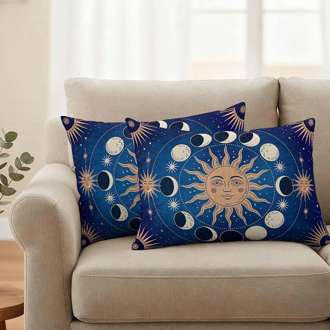 Celestial Sun and Moon Waterproof Outdoor Pillow Covers Set of 2 Home Decor, Blue Starry Galaxy Boho Lumbar Pillowcase Patio Pillow Covers for Couch Bench Patio Furniture Garden 20x12in