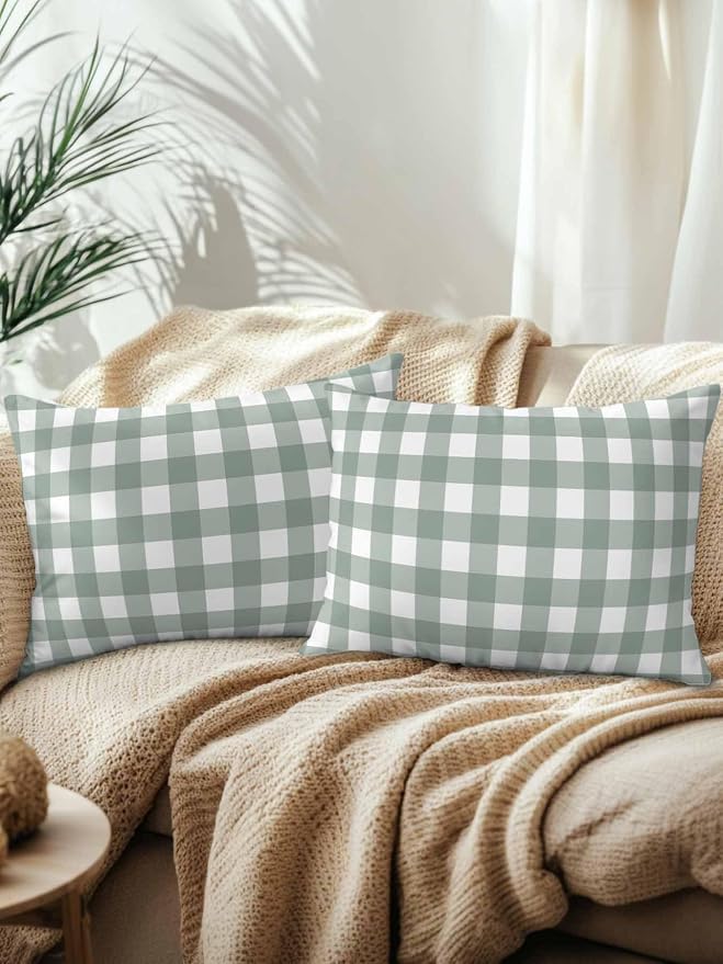Waterproof Outdoor Pillow Set of 2 Sage Green Buffalo Plaid Decorative Throw Pillows Cover & Insert 20x12 Inch Lumbar Pillowcase Check Lines Pillows for Couch Sofa Bed Patio Furniture Indoor Outdoor